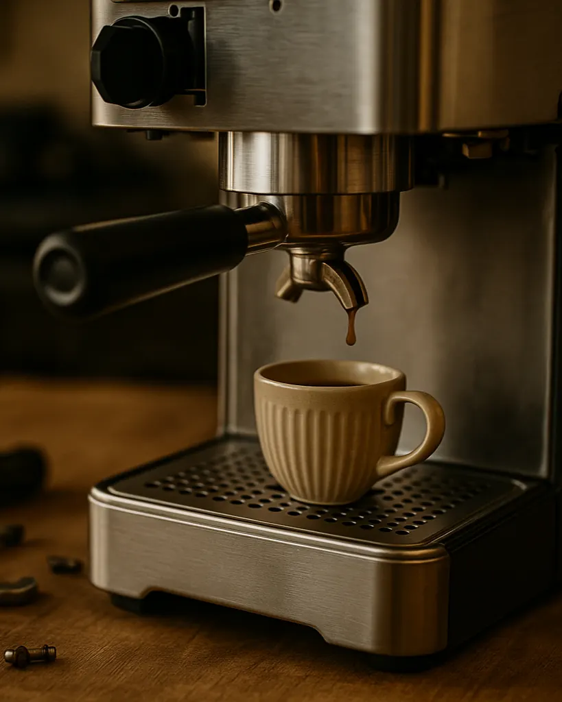 Espresso pouring from an espresso machine into a cup