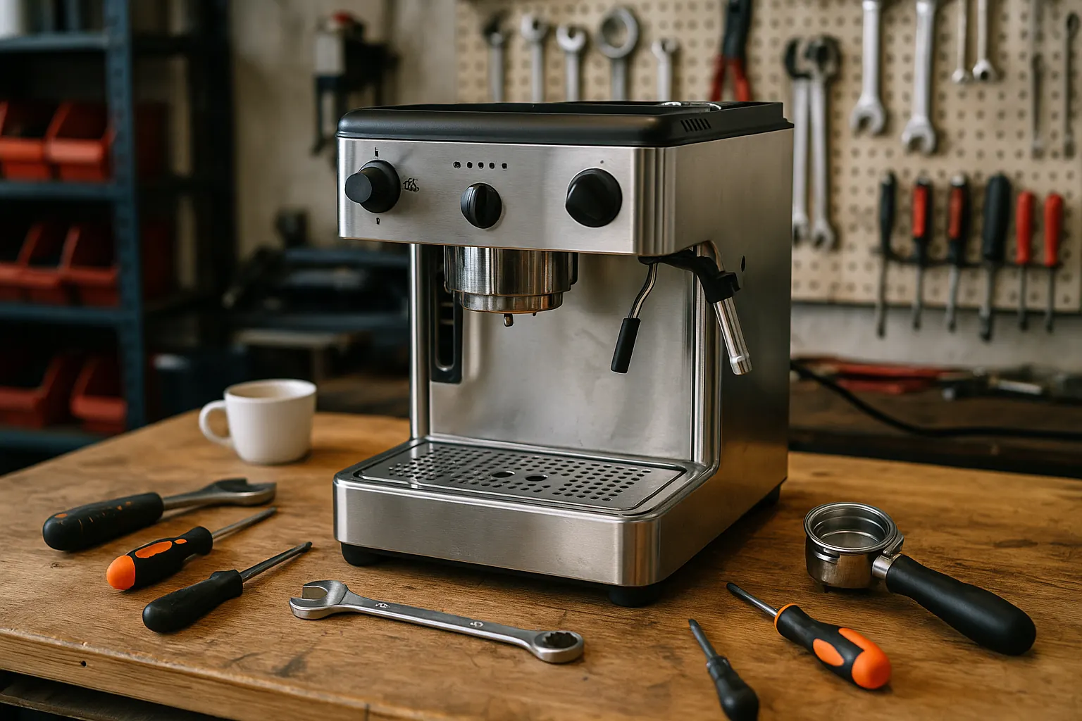 Espresso machine on a workbench with spanners and screwdrivers